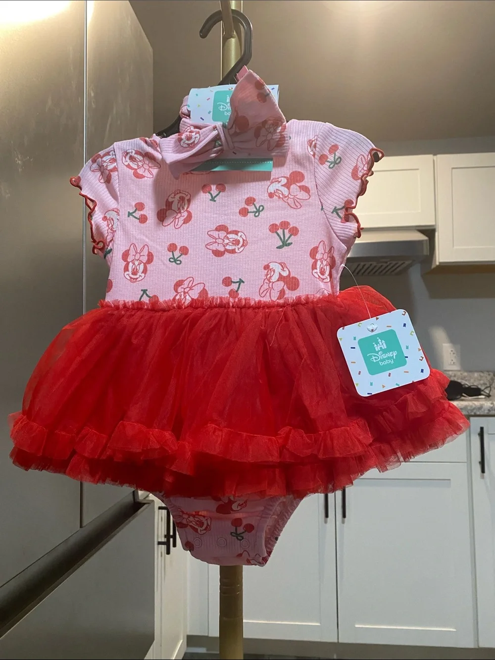 Disney Pink and Red Minnie Mouse Tulle Dress with Bow Headband 18 months NWT